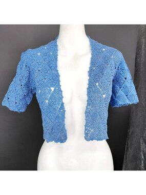 Vint Shrug Sweater Top Women Small Blue Crochet Open Knit Boho Summer Festival